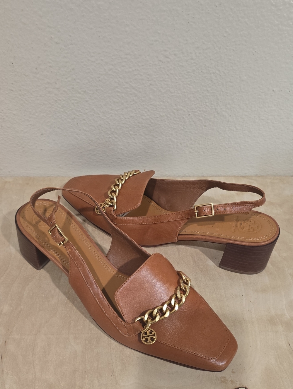 Tory Burch Brown Leather Jessa Slingback Kitten Heels